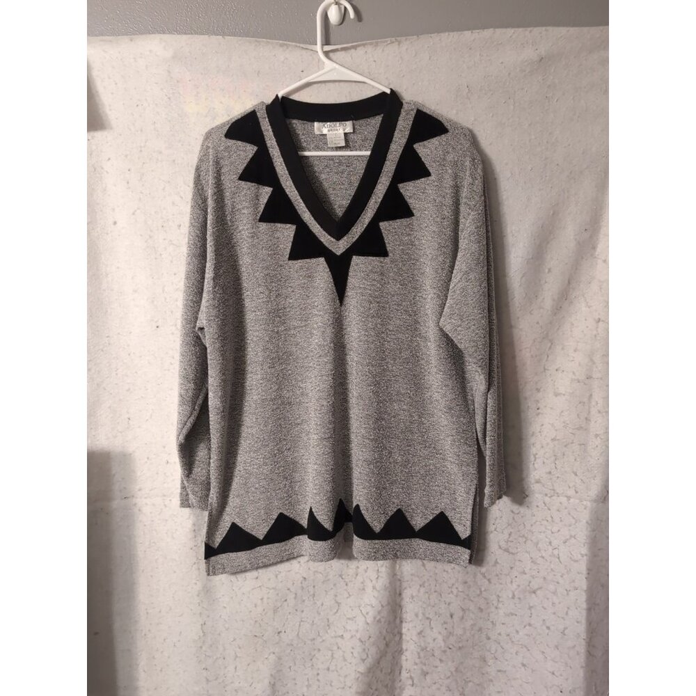 Adolfo Sport Gray Black V Neck Sweater Vintage Size L Shoulder Pads